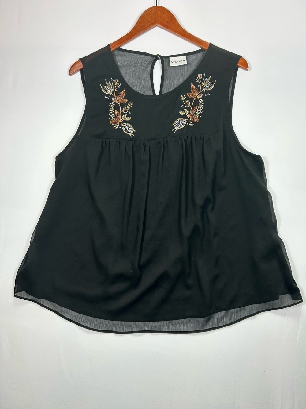 Ava & Viv Black Sleeveless Embroidered Babydoll Blouse Top Plus Size 2X